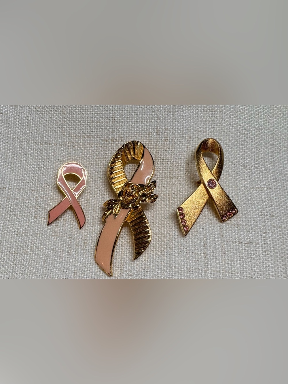 Trio of Gold-Tone Pink Ribbon Brooches for breast cancer - Avon
